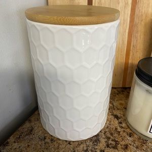 White glass container with wood lid